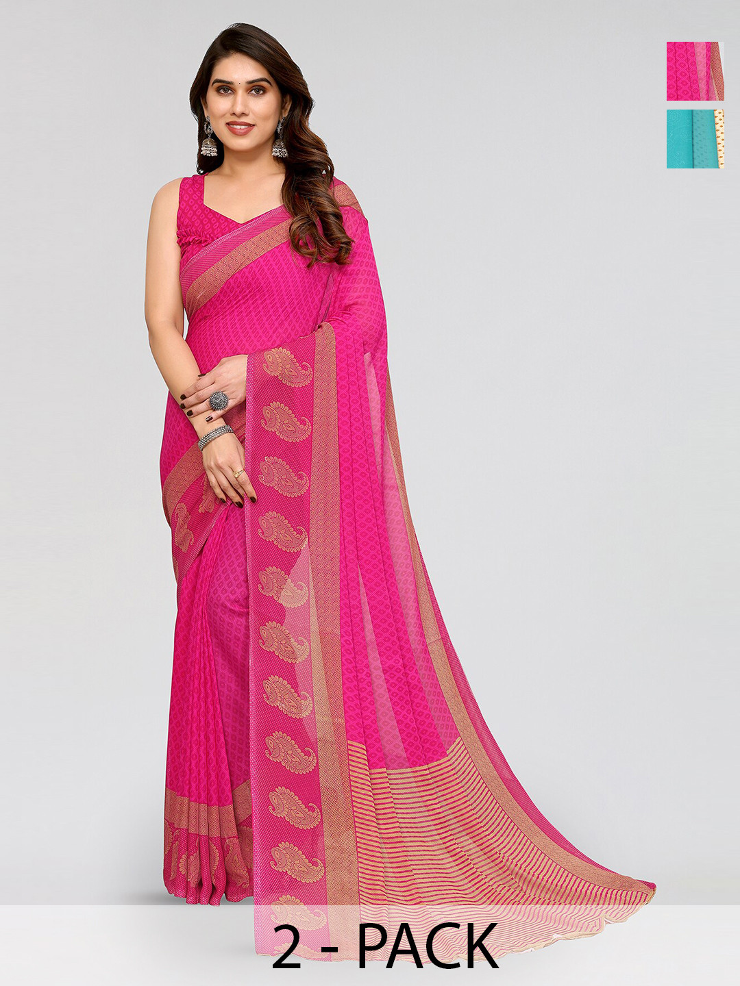 

ANAND SAREES Selection of 2 Geometric Printed Sarees, Blue