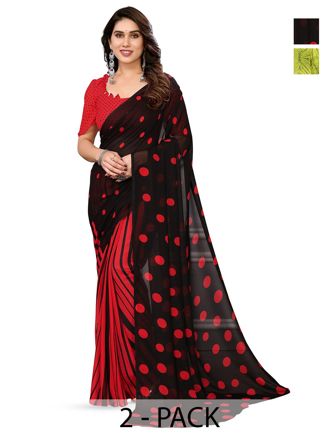 

ANAND SAREES Selection Of 2 Polka Dot Printed Saree, Red