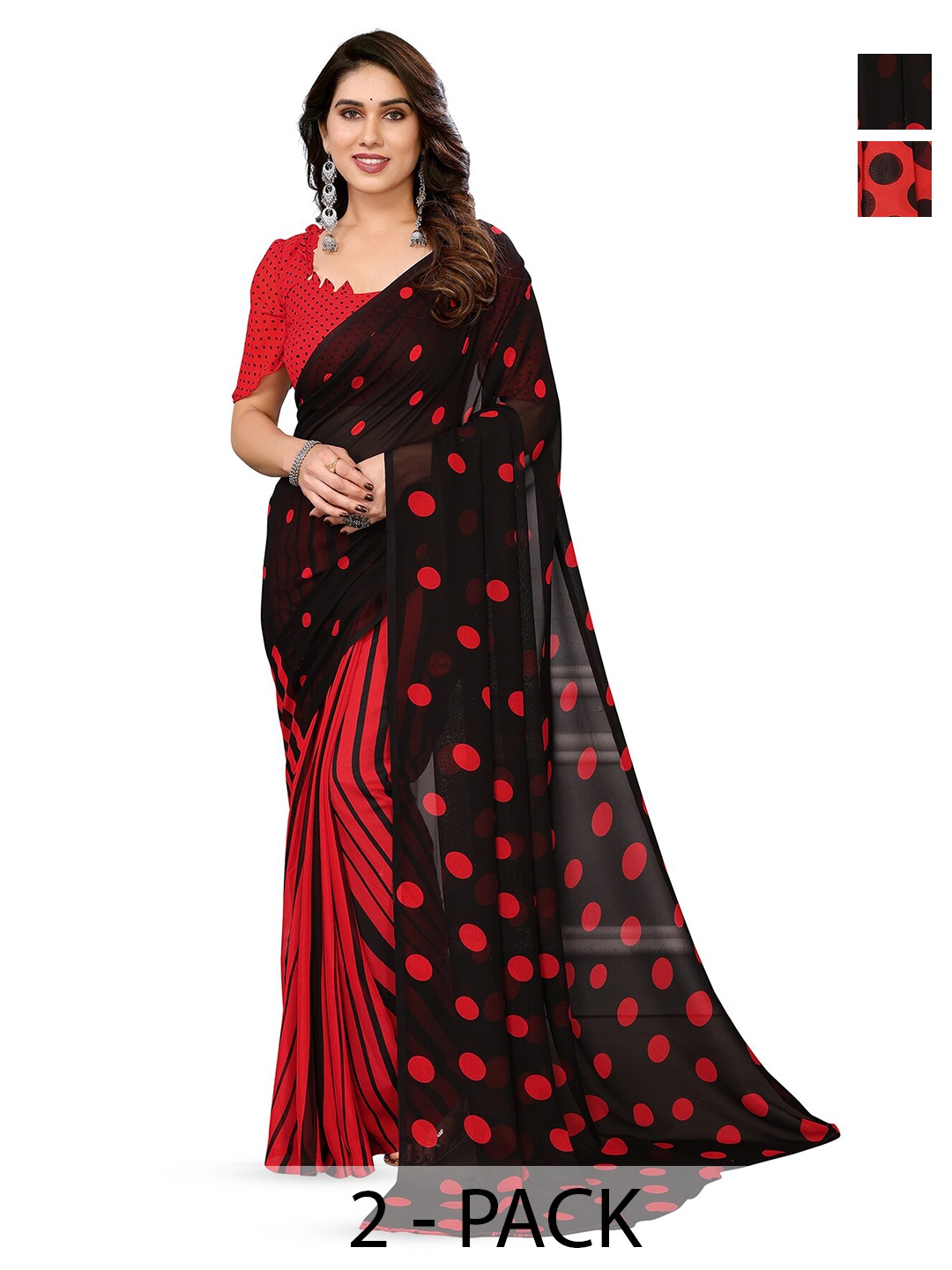 

ANAND SAREES Selection Of 2 Polka Dots Printed Saree, Red