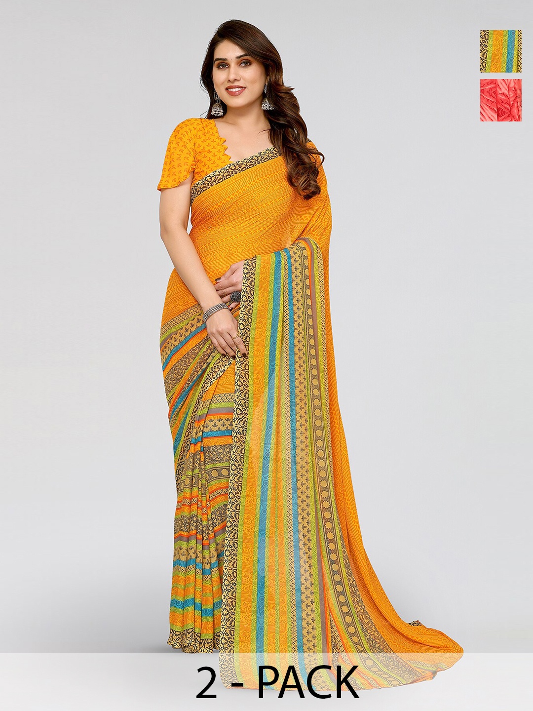 

ANAND SAREES Selection Of 2 Geometric Printed Sarees, Yellow