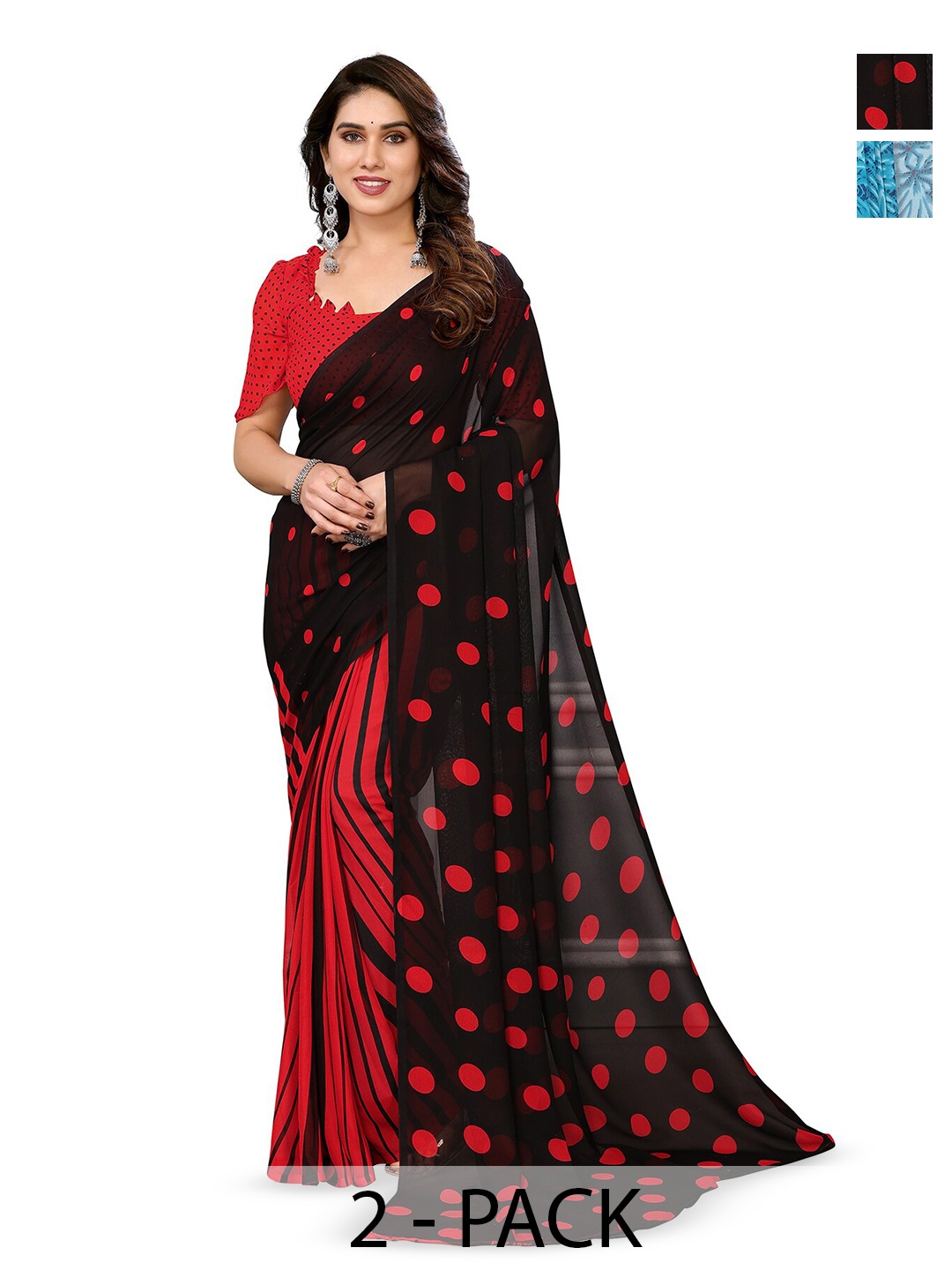 

ANAND SAREES Selection Of 2 Polka Dot Printed Saree, Red