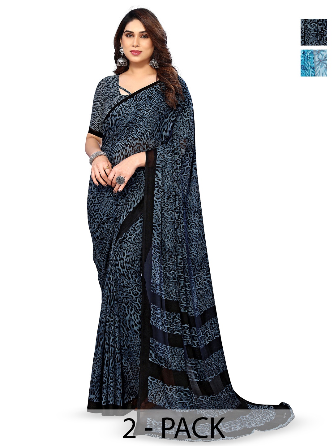 

ANAND SAREES Selection Of 2 Abstract Printed Sarees, Blue