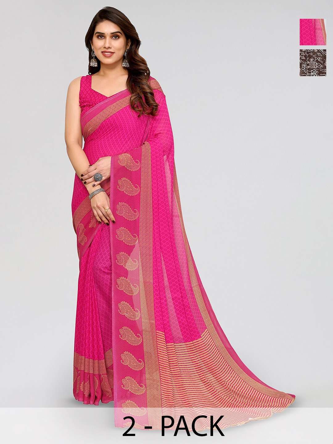 

ANAND SAREES Selection Of 2 Floral Printed Sarees, Pink