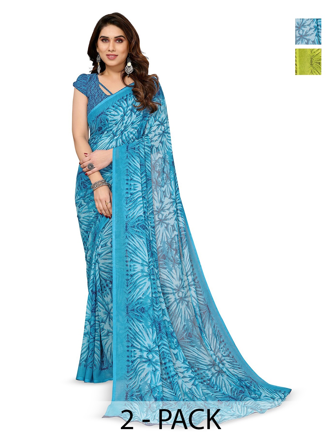 

ANAND SAREES Selection Of 2 Floral Printed Sarees, Blue