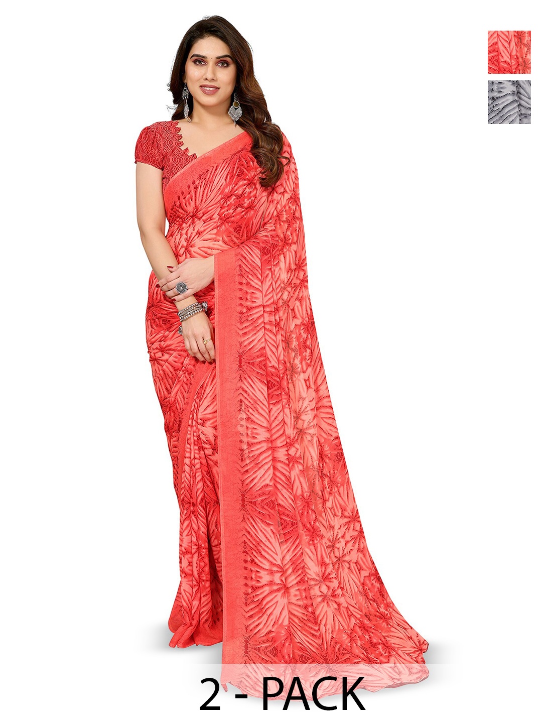 

ANAND SAREES Selection Of 2 Printed Saree, Red