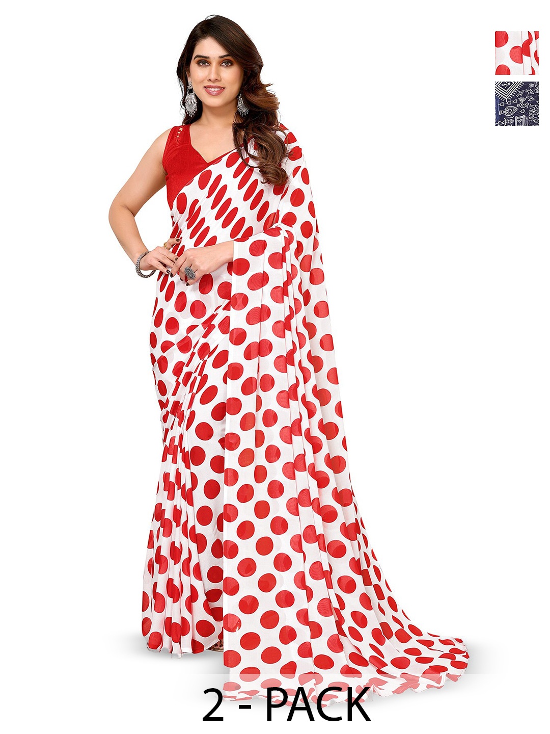 

ANAND SAREES Selection Of 2 Polka Dot Printed Sarees, Red