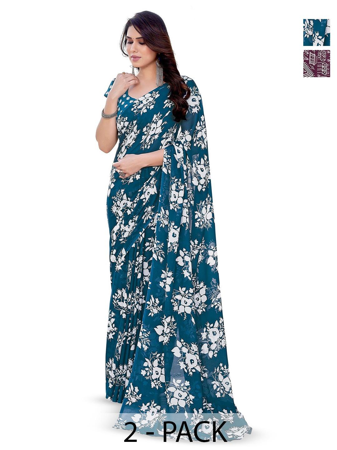 

ANAND SAREES Selection Of 2 Floral Printed Sarees, Blue