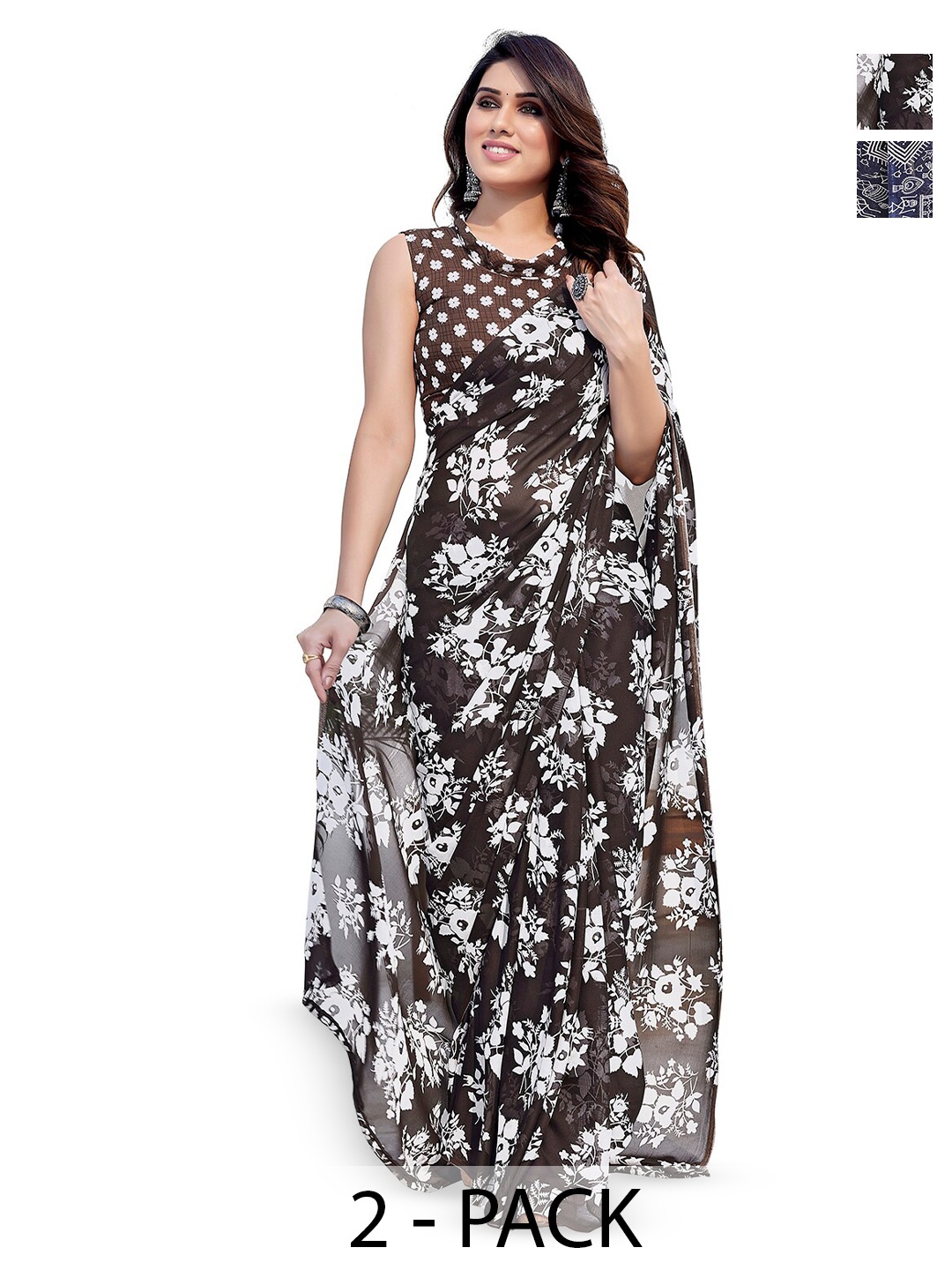 

ANAND SAREES Selection Of 2 Floral Printed Sarees, Blue