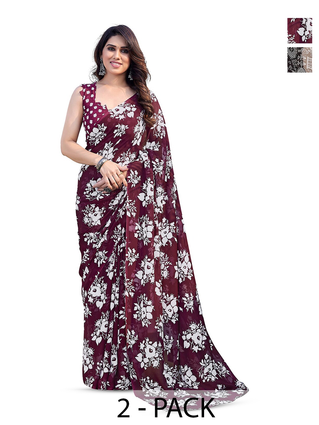 

ANAND SAREES Selection Of 2 Floral Printed Sarees, Black