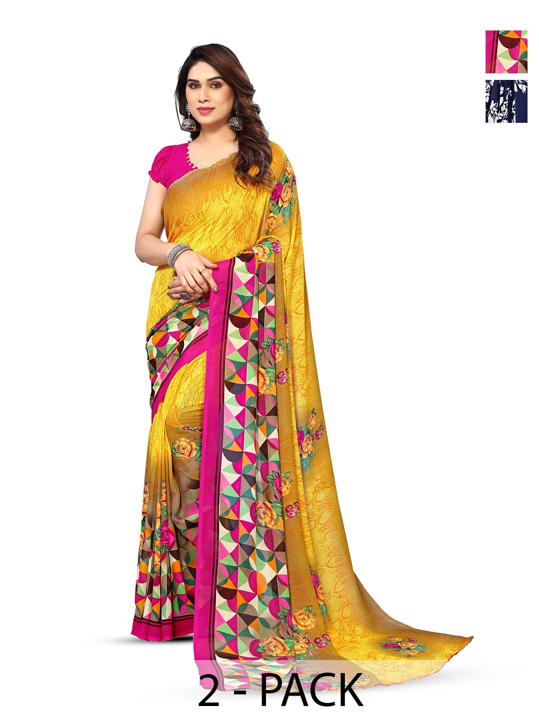 

ANAND SAREES Selection Of 2 Floral Printed Saree, Blue