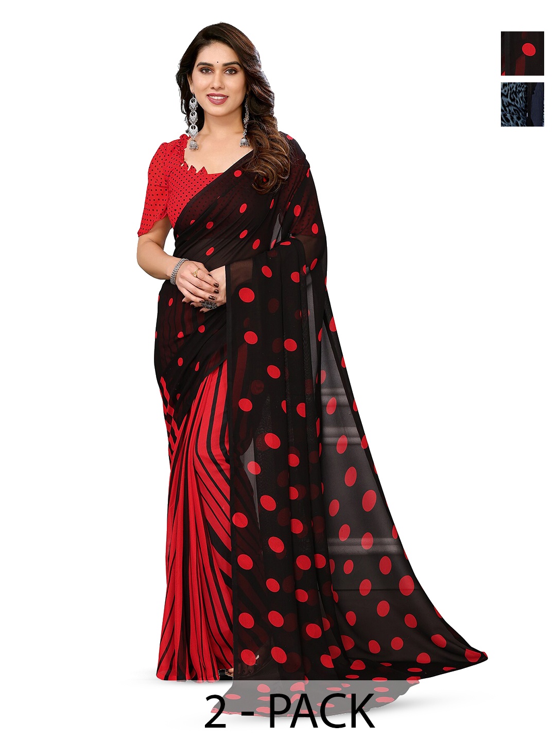 

ANAND SAREES Selection Of 2 Polka Dot Printed Sarees, Red