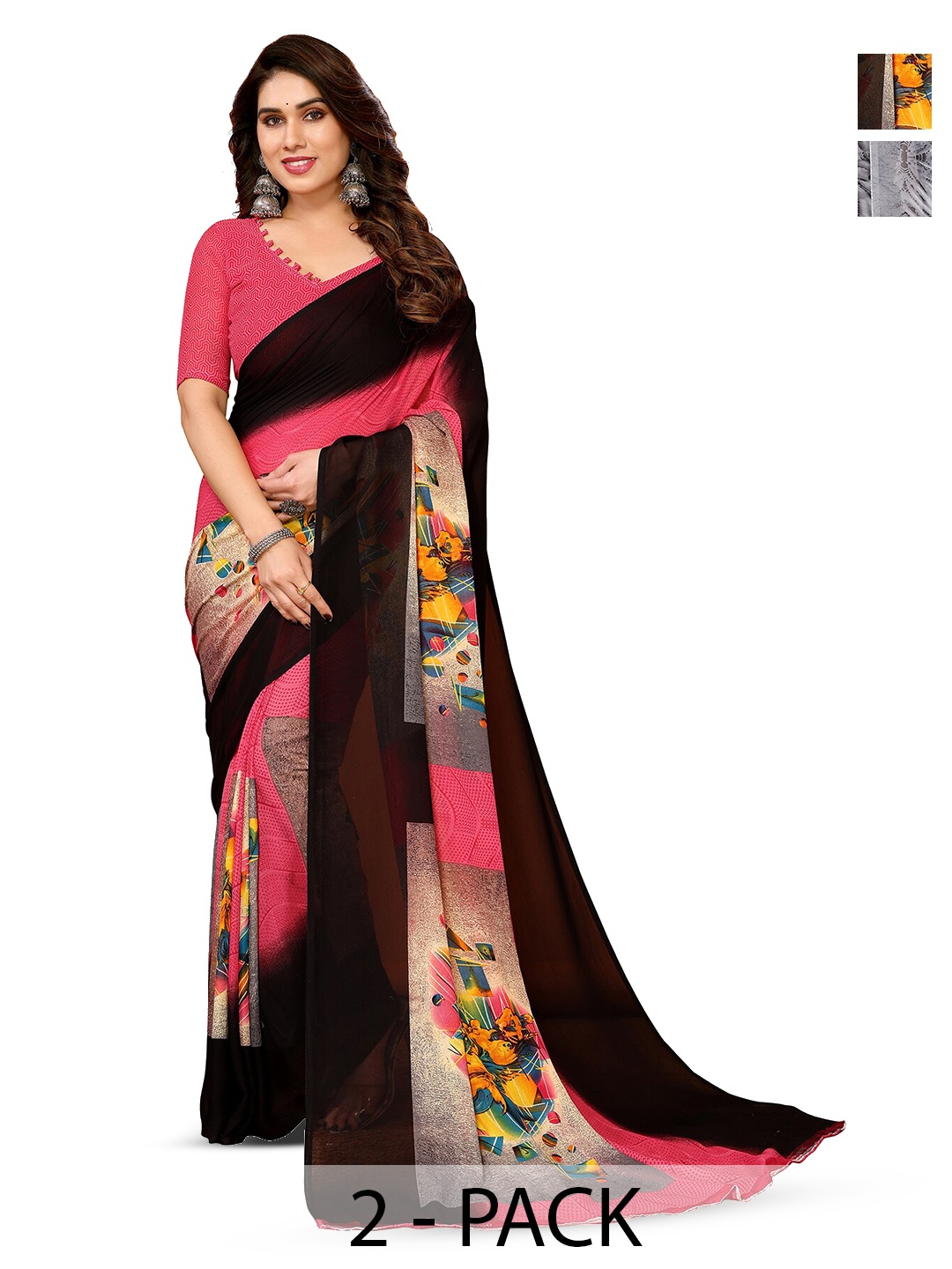 

ANAND SAREES Selection Of 2 Ethnic Motifs Printed Sarees, Pink