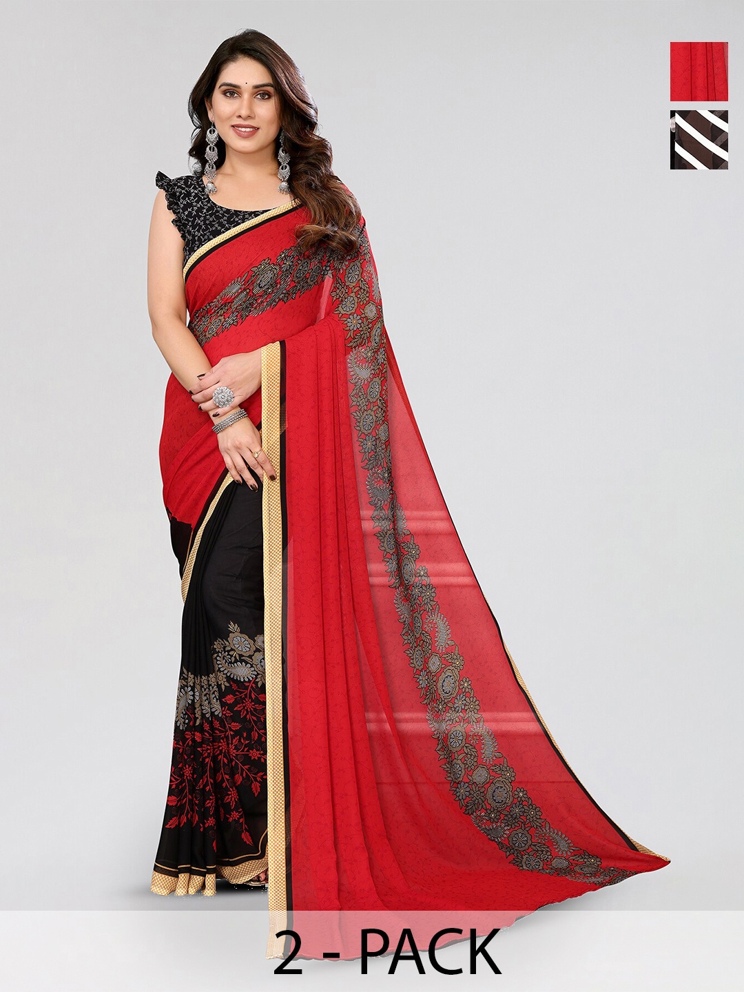 

ANAND SAREES Selection Of 2 Striped Printed Saree, Black