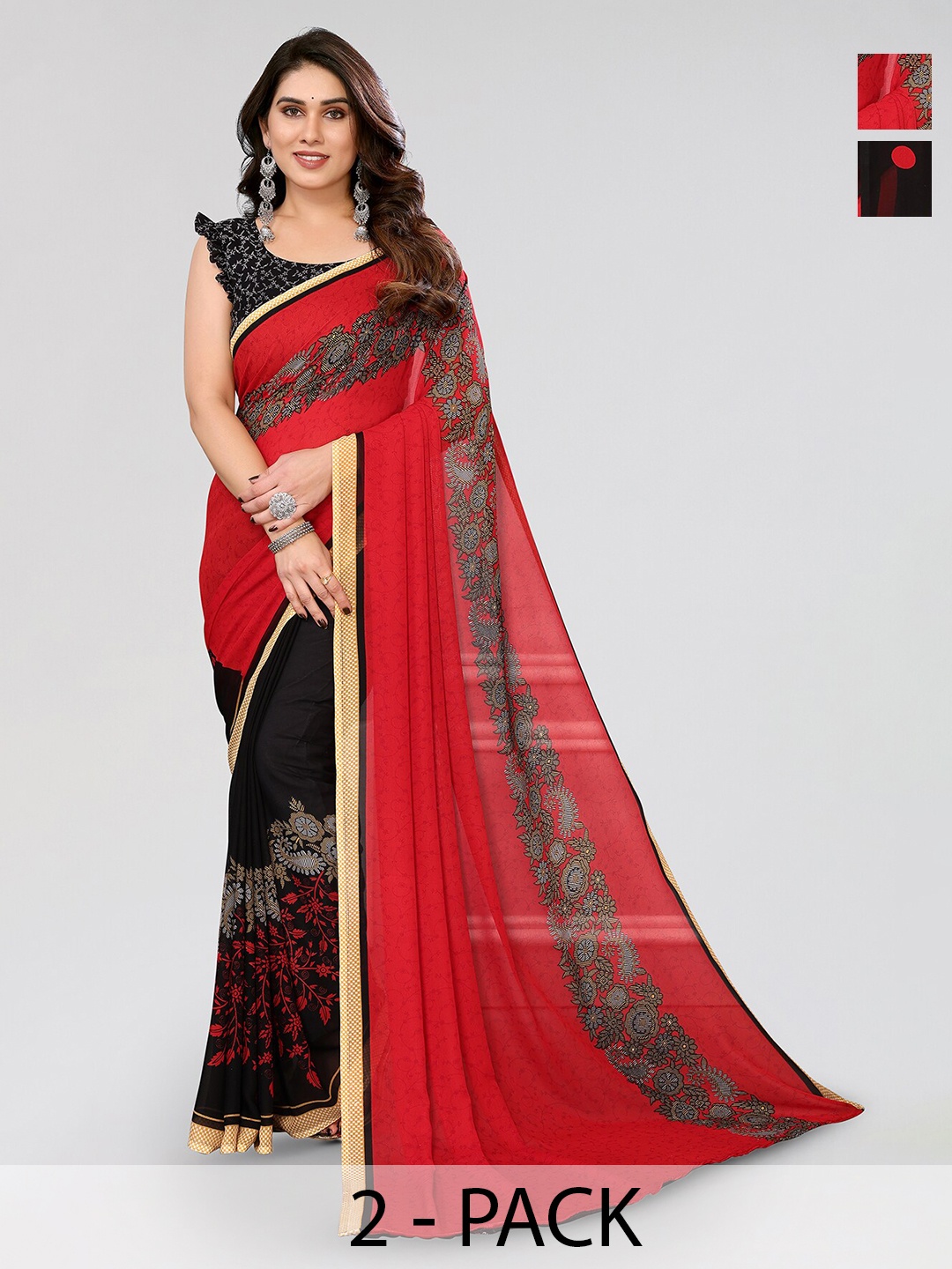 

ANAND SAREES Selection Of 2 Polka Dot Printed Sarees, Red