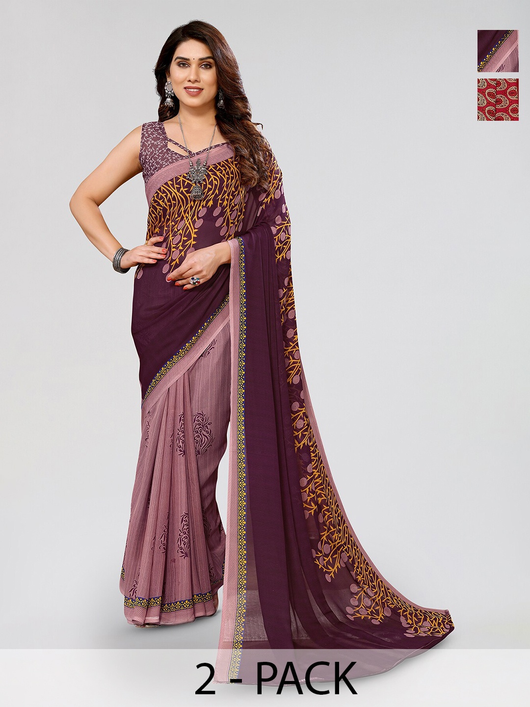 

ANAND SAREES Selection Of 2 Printed Sarees, Burgundy