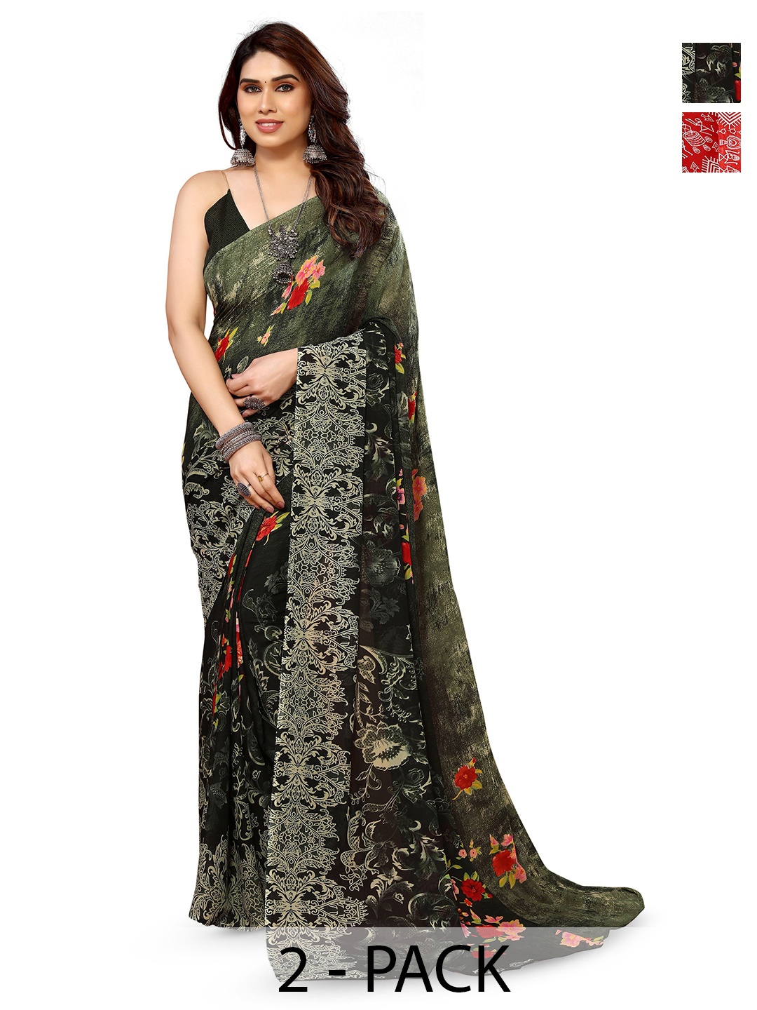 

ANAND SAREES Selection Of 2 Ethnic Motifs Printed Sarees, Green