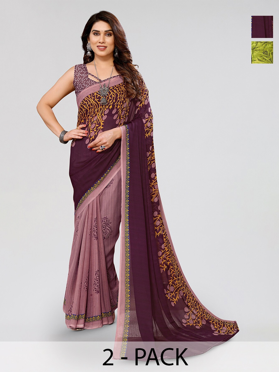 

ANAND SAREES Selection Of 2 Abstract Printed Sarees, Green