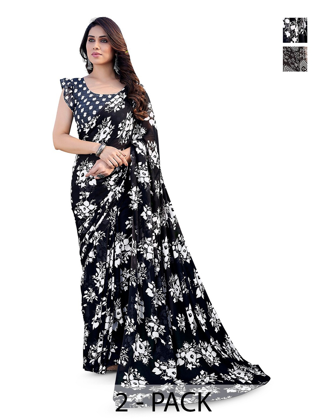 

ANAND SAREES Selection Of 2 Floral Printed Sarees, Black