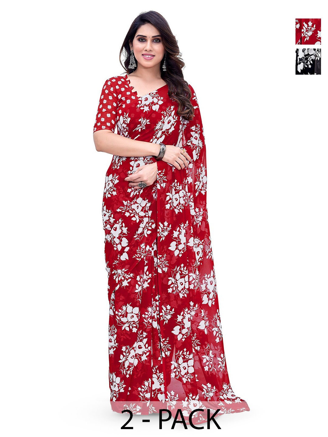 

ANAND SAREES Selection Of 2 Floral Printed Saree, Red