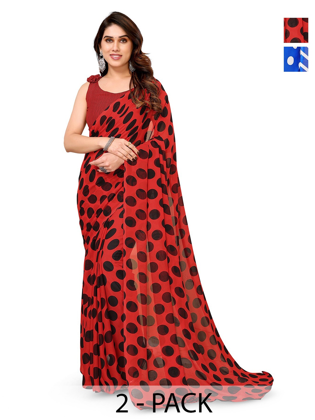 

ANAND SAREES Selection Of 2 Polka Dots Printed Sarees, Blue