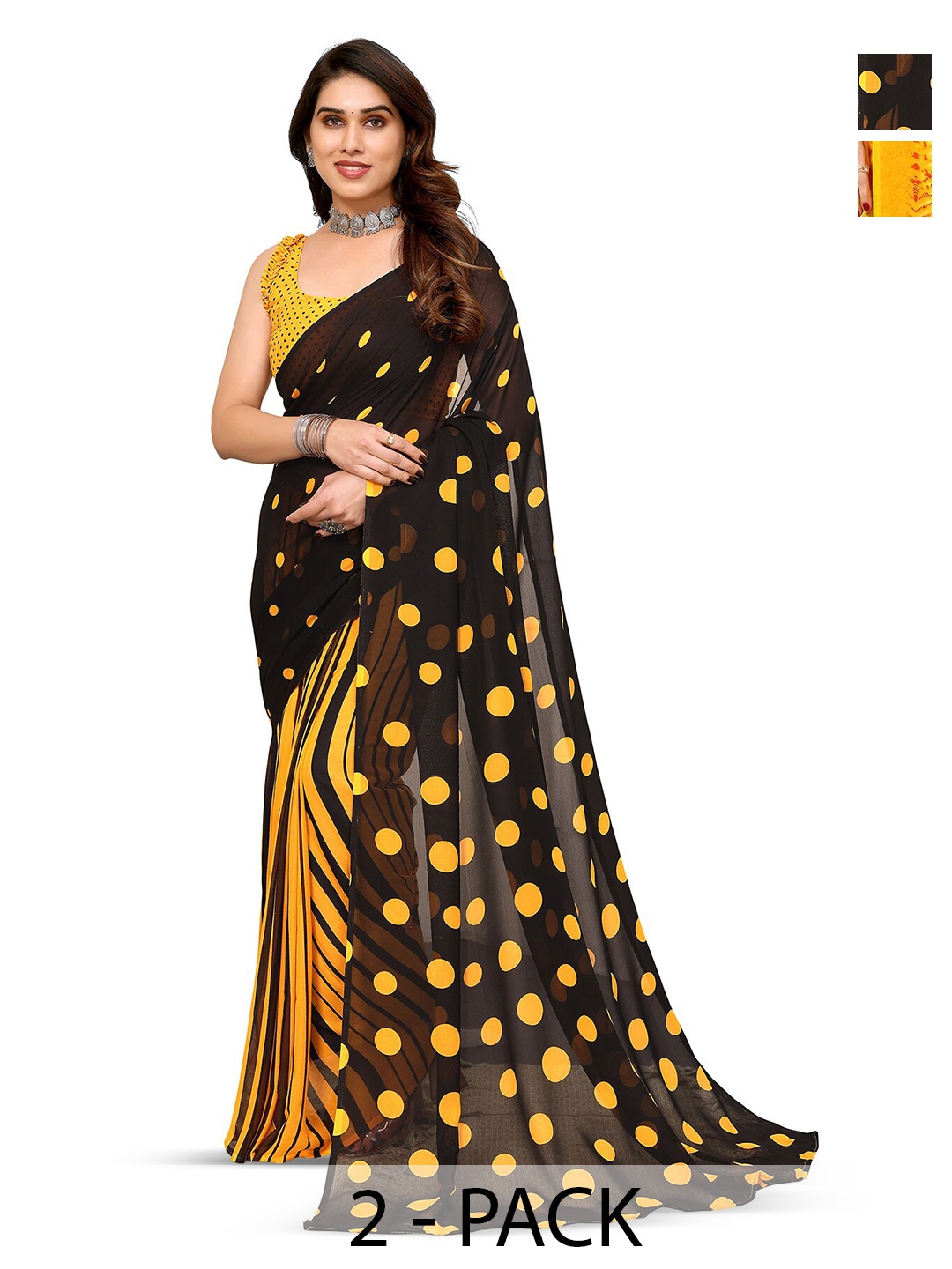 

ANAND SAREES Selection Of 2 Polka Dot Printed Saree, Yellow