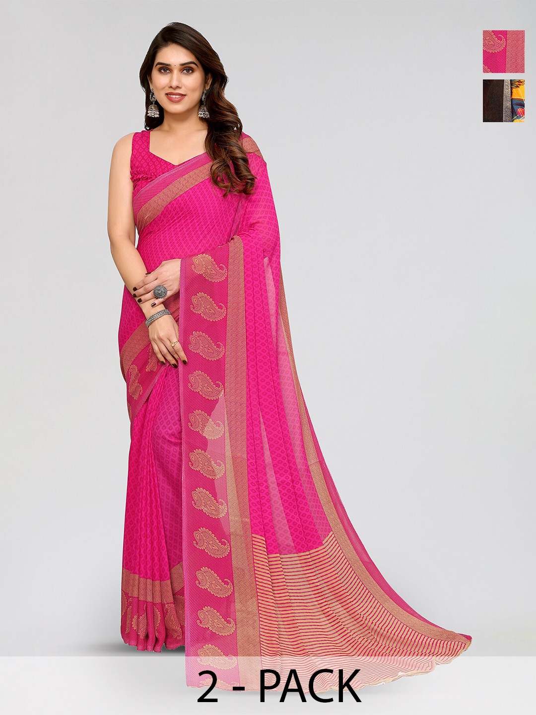 

ANAND SAREES Selection Of 2 Geometric Printed Sarees, Pink