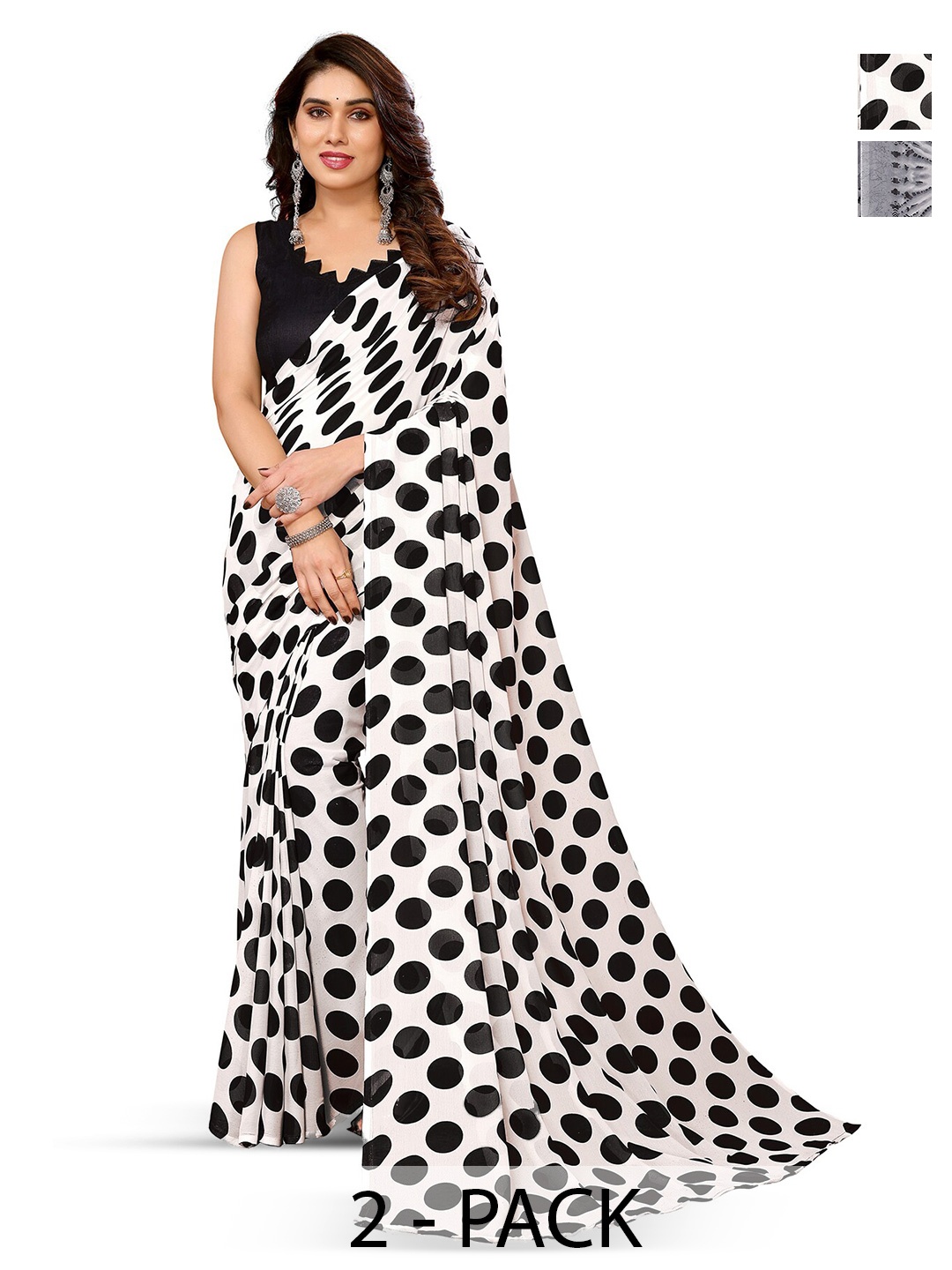 

ANAND SAREES Selection Of 2 Polka Dot Printed Saree, White