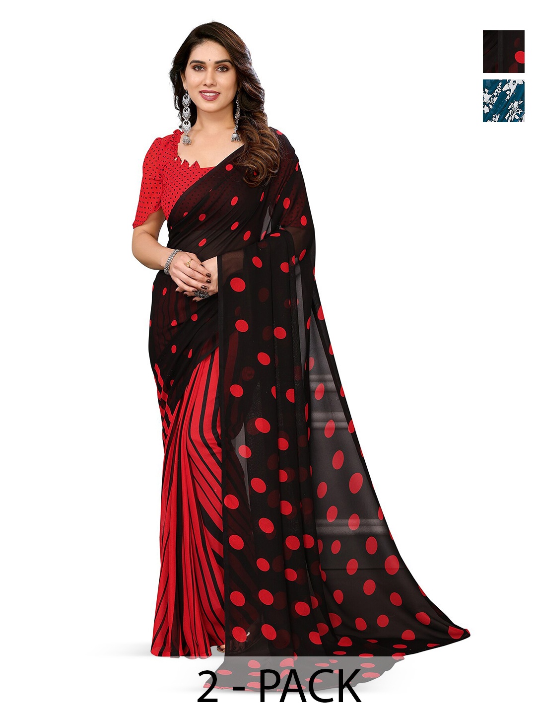 

ANAND SAREES Pack Of 2 Polka Dot Printed Georgette Saree, Red