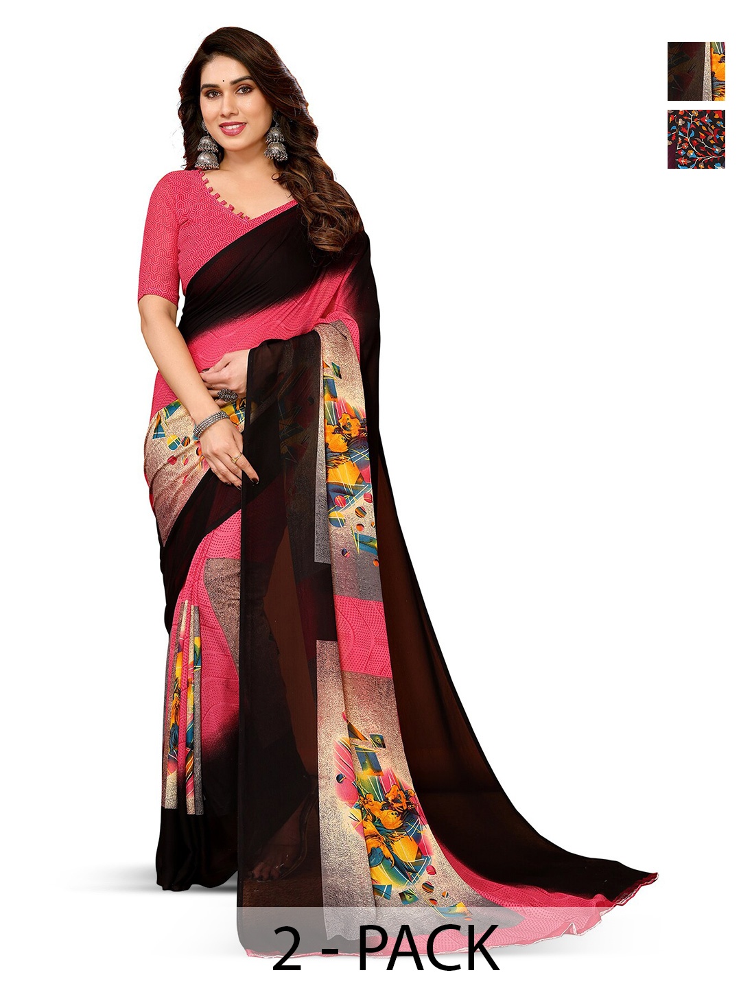 

ANAND SAREES Selection Of 2 Floral Printed Sarees, Pink