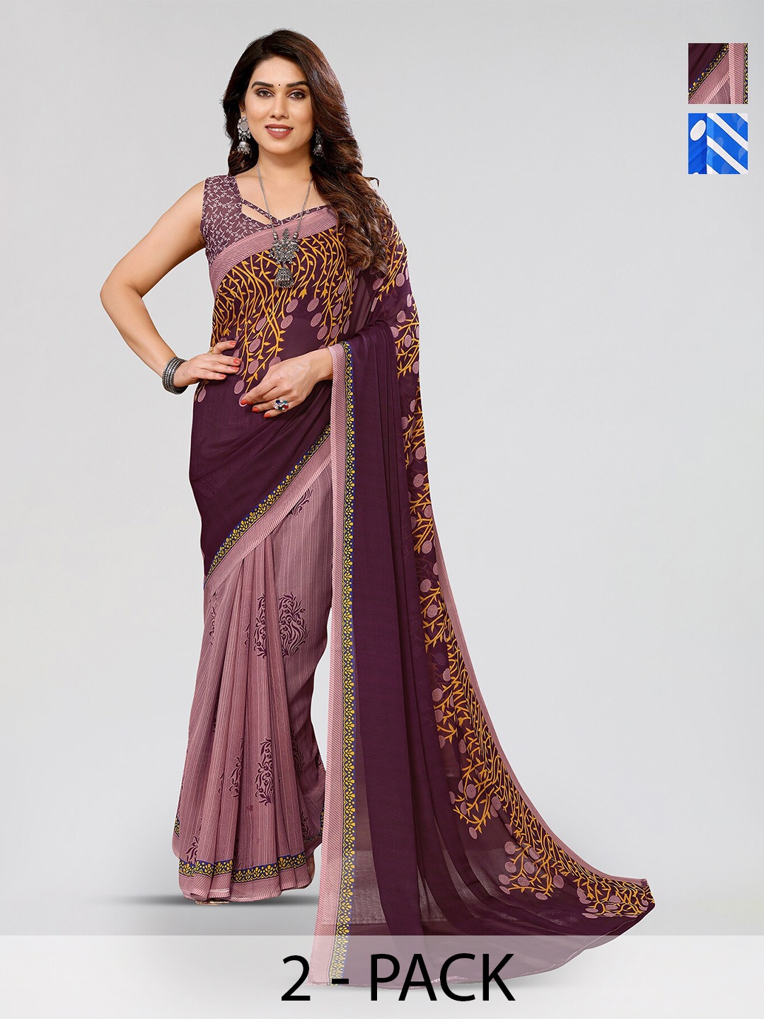 

ANAND SAREES Selection Of 2 Striped Printed Saree, Blue