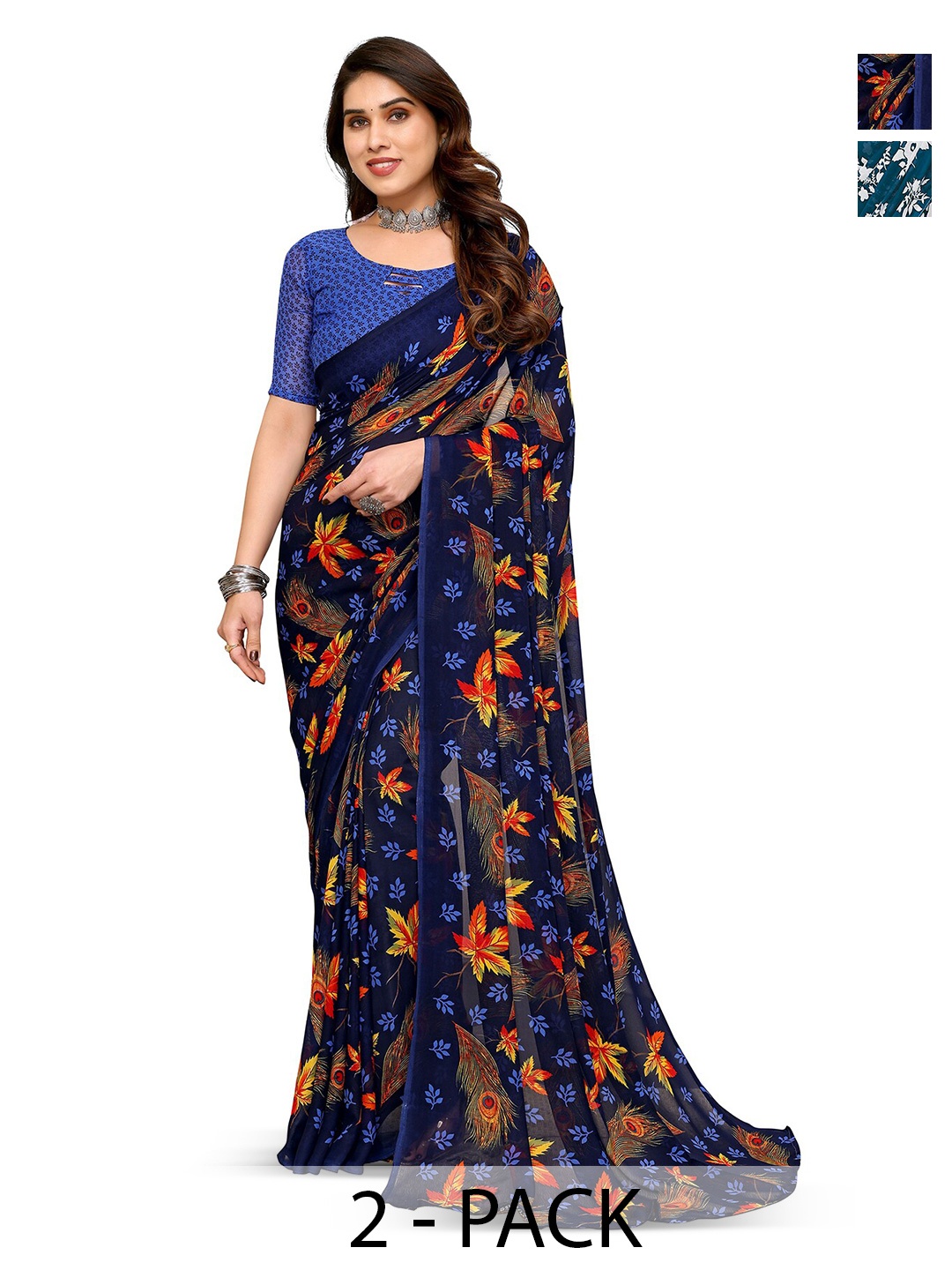 ANAND SAREES Selection Of 2 Floral Sarees, Blue