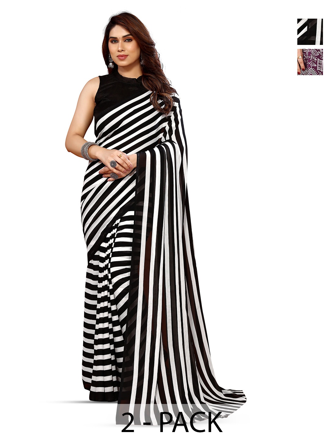 

ANAND SAREES Selection of 2 Striped Printed Sarees, White