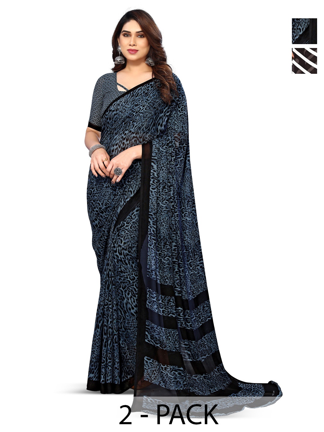 

ANAND SAREES Selection Of 2 Abstract Printed Sarees, Blue