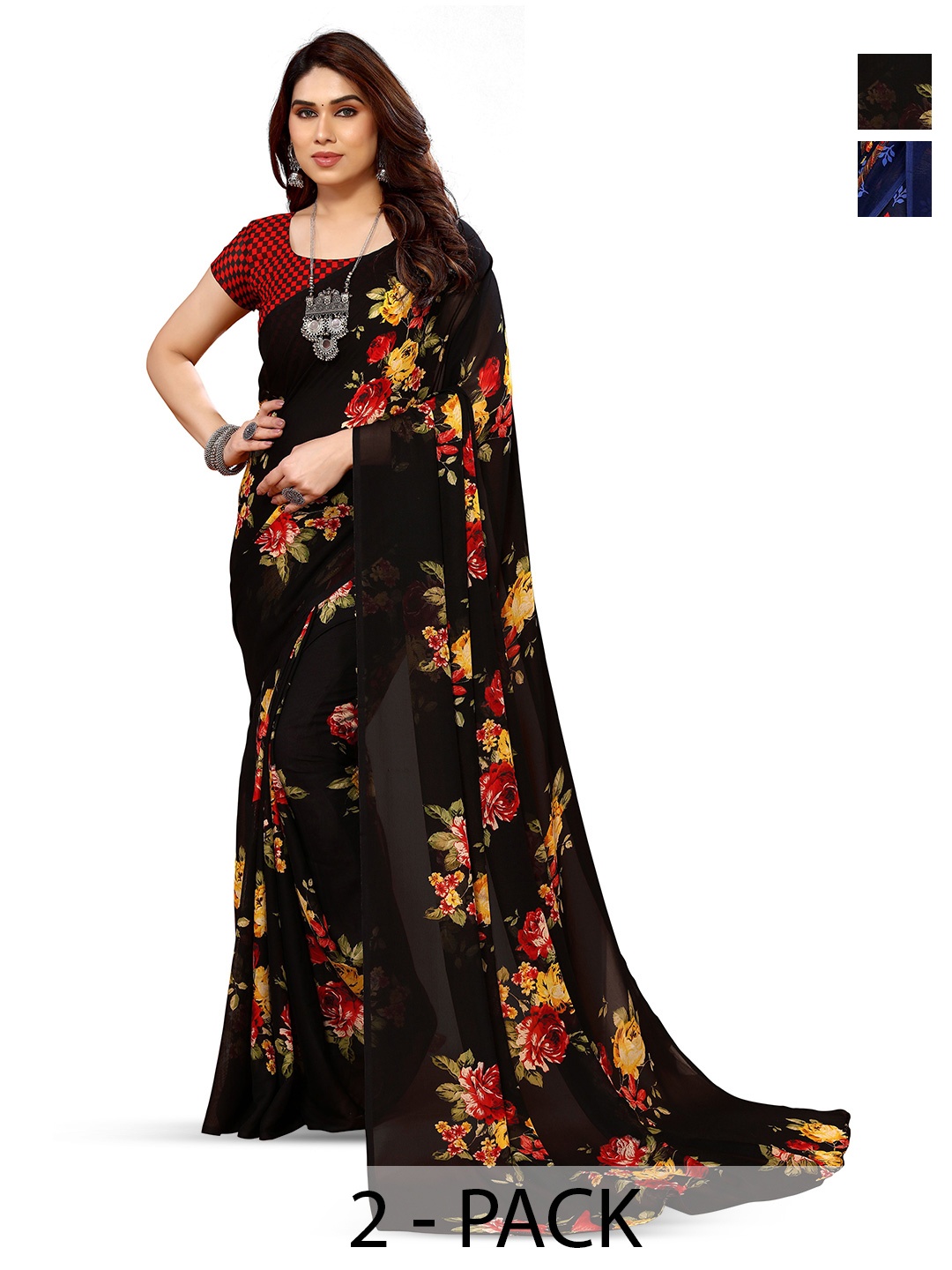 ANAND SAREES Selection Of 2 Floral Printed Sarees, Black