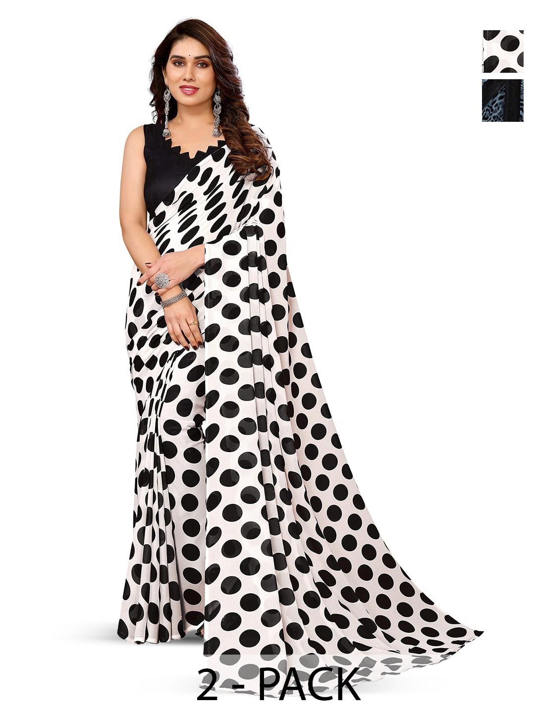 

ANAND SAREES Selection Of 2 Polka Dot Poly Georgette Saree, Black