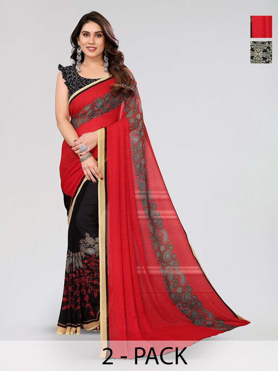 

ANAND SAREES Selection Of 2 Ethnic Motifs Printed Sarees, Black