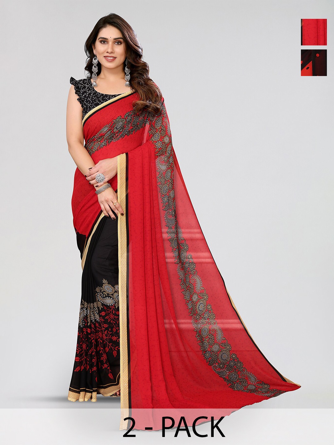 

ANAND SAREES Selection of 2 Floral Printed Saree, Red