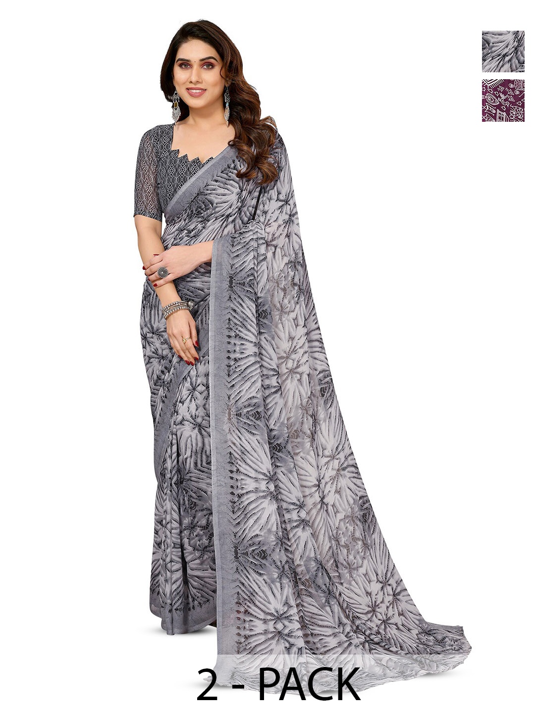 

ANAND SAREES Selection of 2 Warli Printed Sarees, Purple