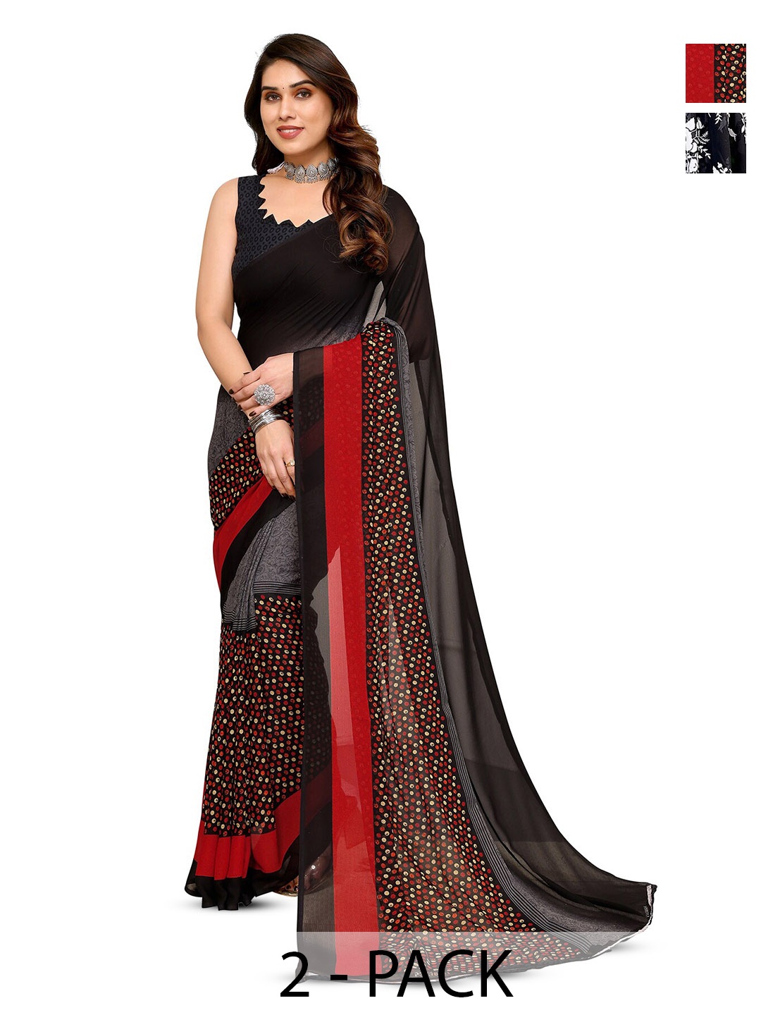 

ANAND SAREES Selection Of 2 Floral Printed Saree, Black
