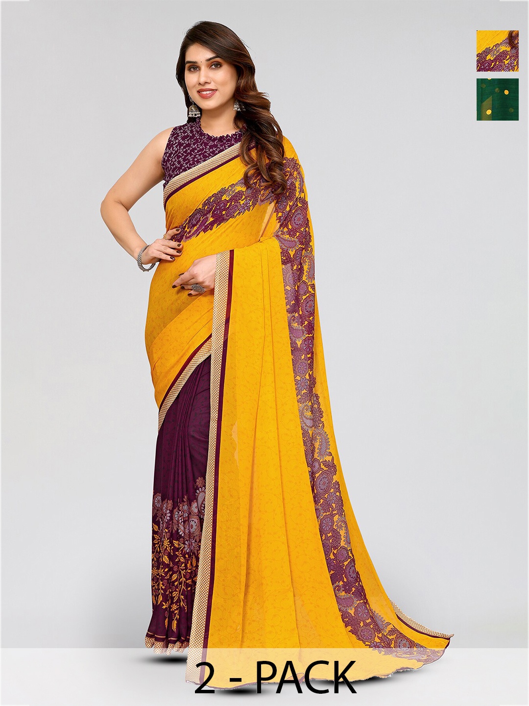 

ANAND SAREES Selection Of 2 Floral Printed Saree, Green