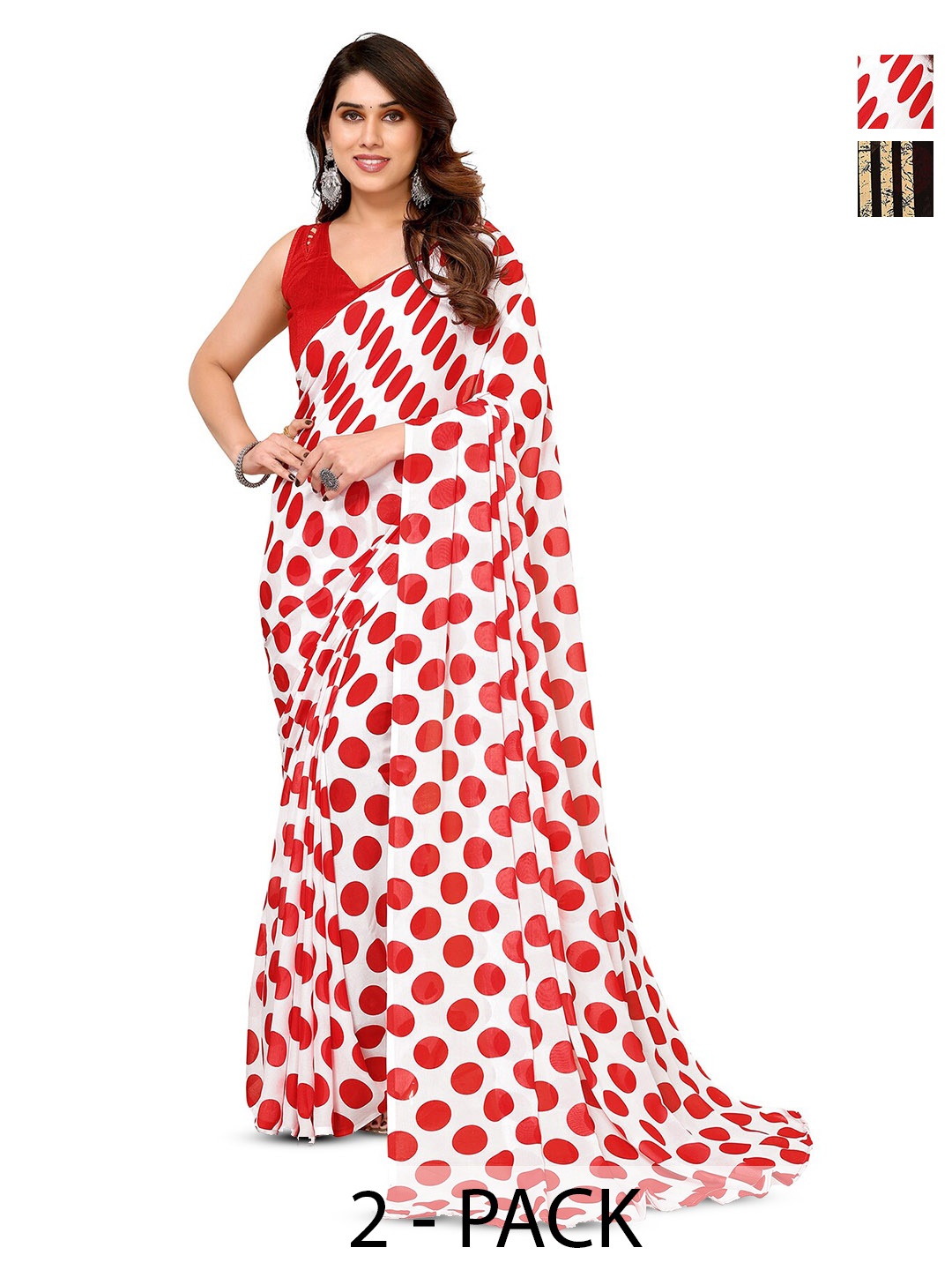 

ANAND SAREES Selection of 2 Polka Dot Printed Saree, White