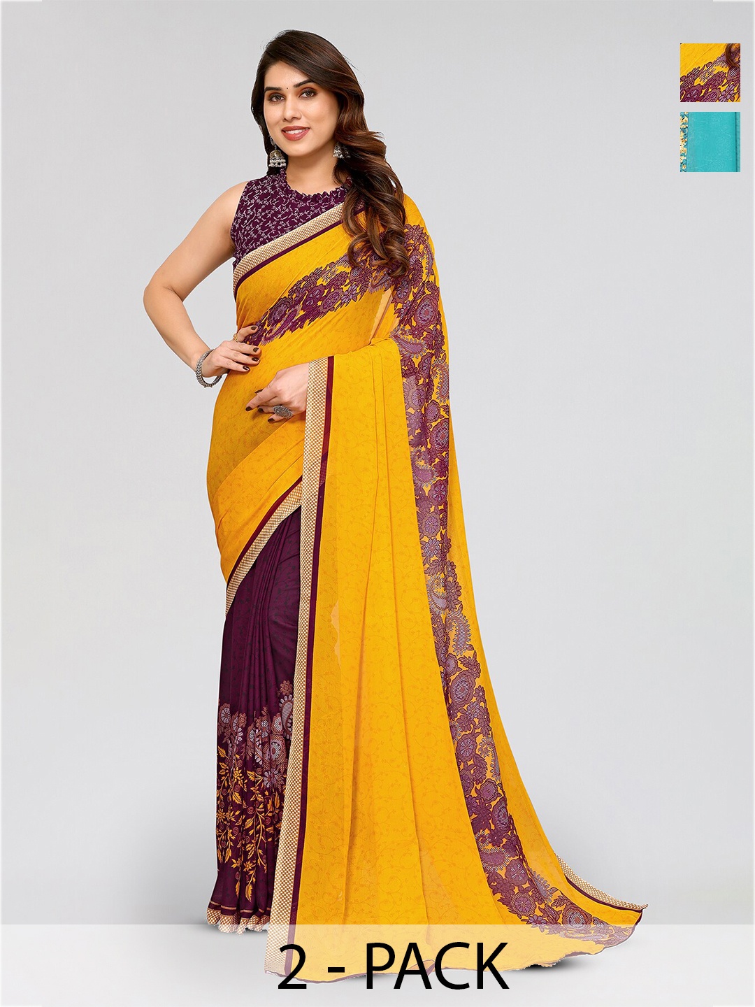 

ANAND SAREES Selection Of 2 Floral Printed Sarees, Yellow