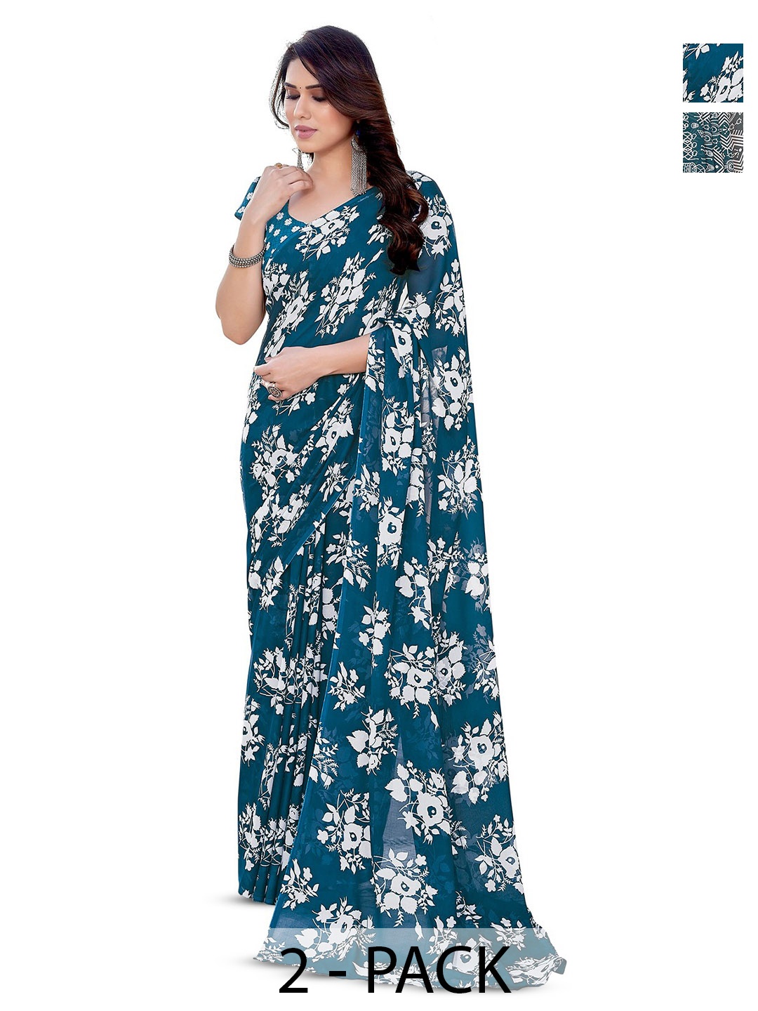 

ANAND SAREES Selection of 2 Floral Printed Saree, Blue