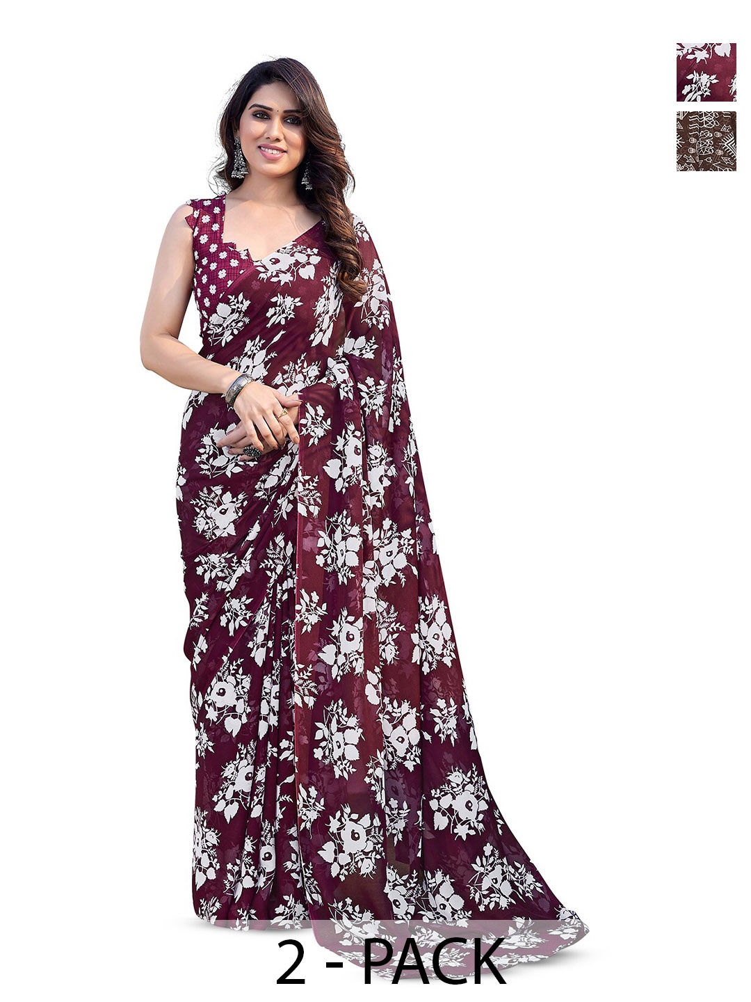 

ANAND SAREES Selection Of 2 Floral Printed Sarees, Burgundy