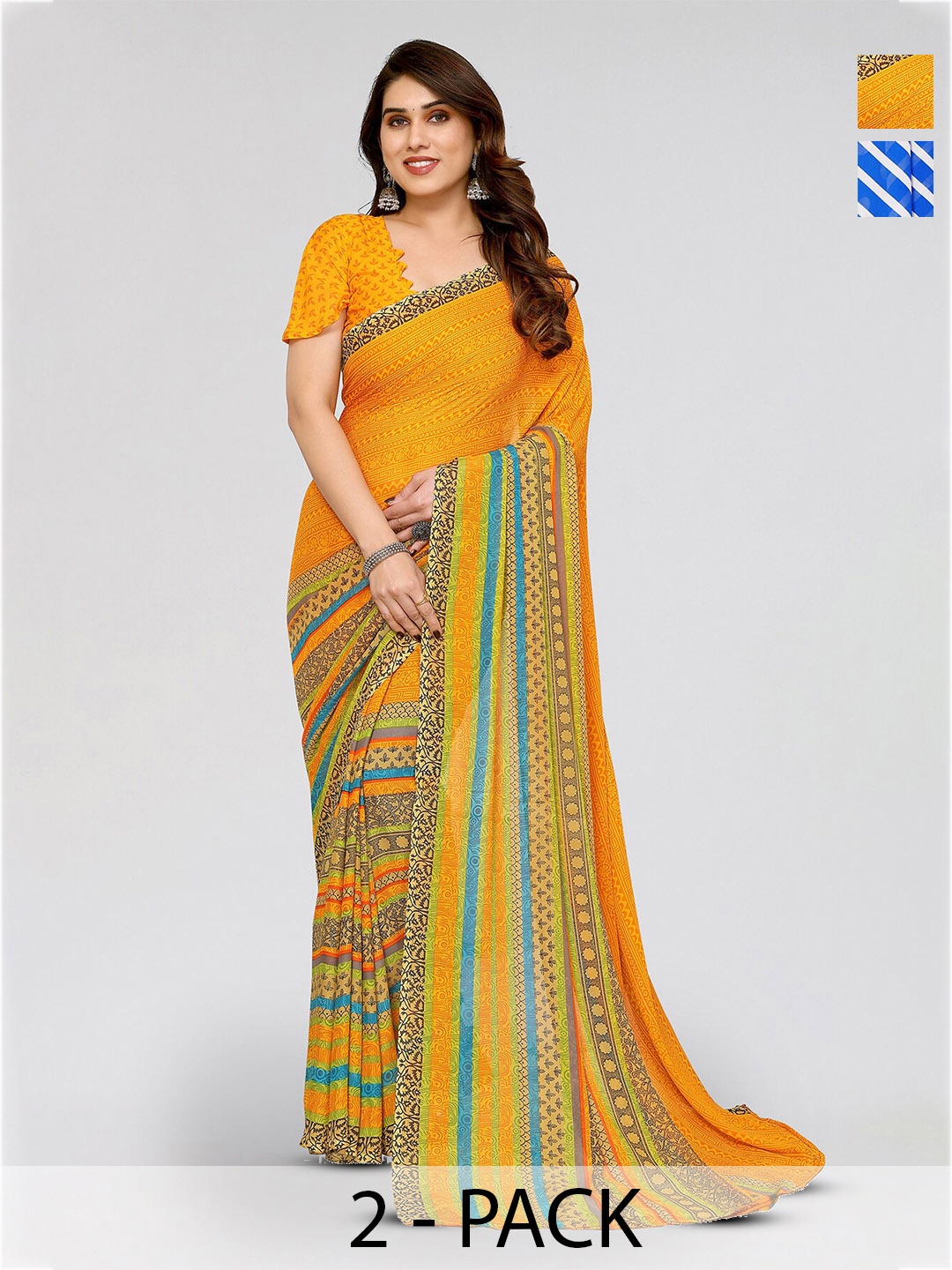 

ANAND SAREES Selection Of 2 Striped Printed Sarees, Blue