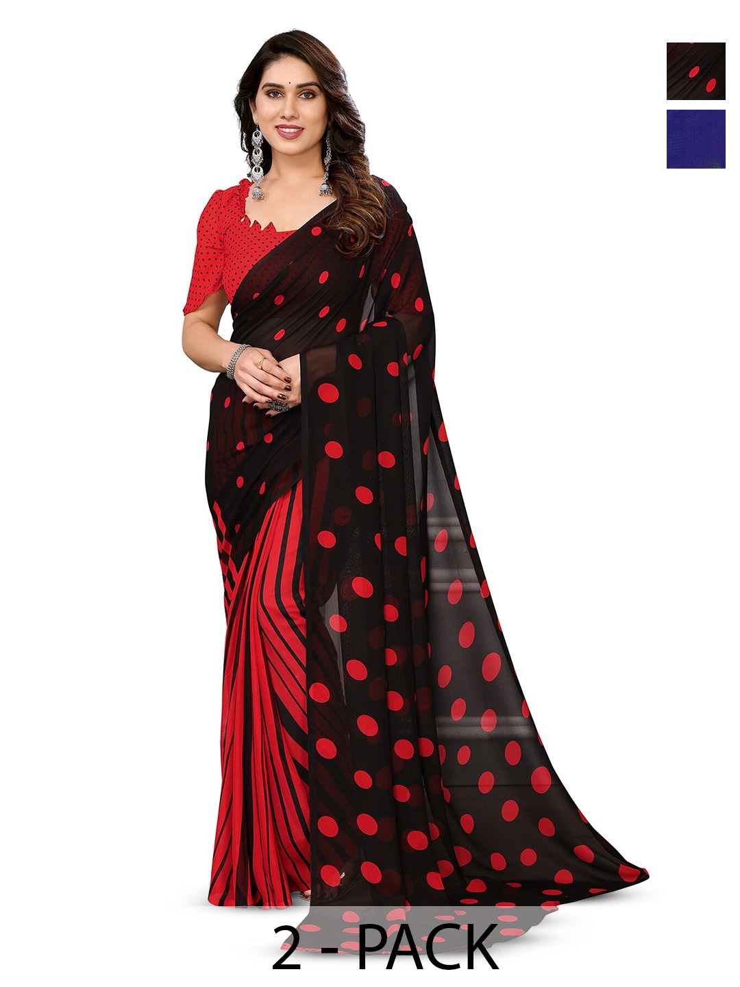 

ANAND SAREES Selection Of 2 Polka Dots Printed Sarees, Black