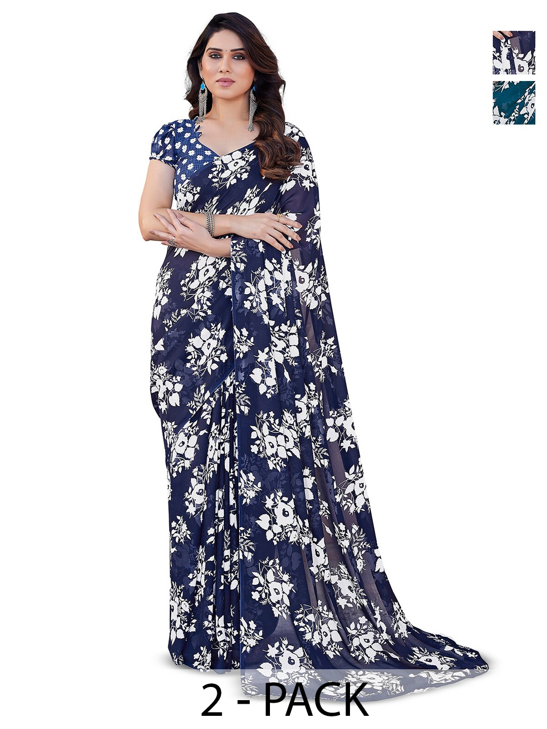 

ANAND SAREES Selection Of 2 Floral Printed Saree, Blue