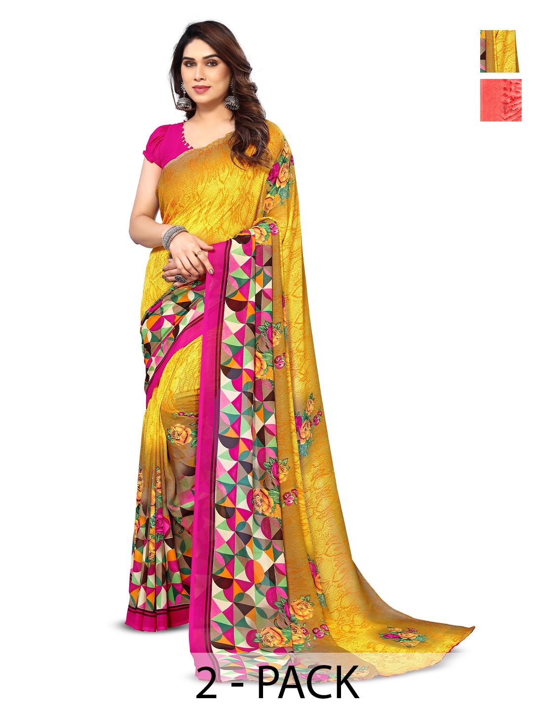 

ANAND SAREES Selection Of 2 Geometric Printed Sarees, Yellow