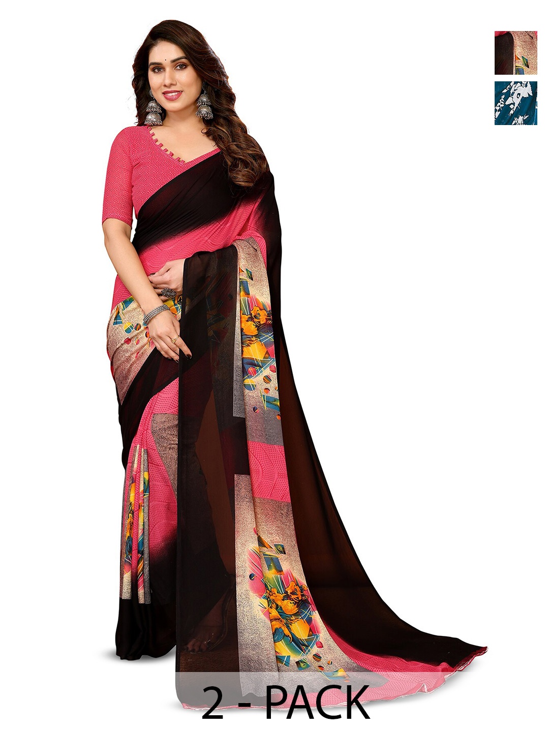 

ANAND SAREES Selection Of 2 Floral Printed Sarees, Blue