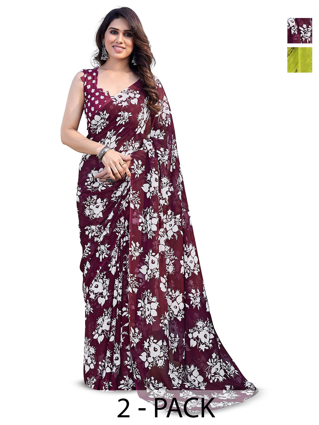 

ANAND SAREES Selection of 2 Floral Printed Sarees, Maroon